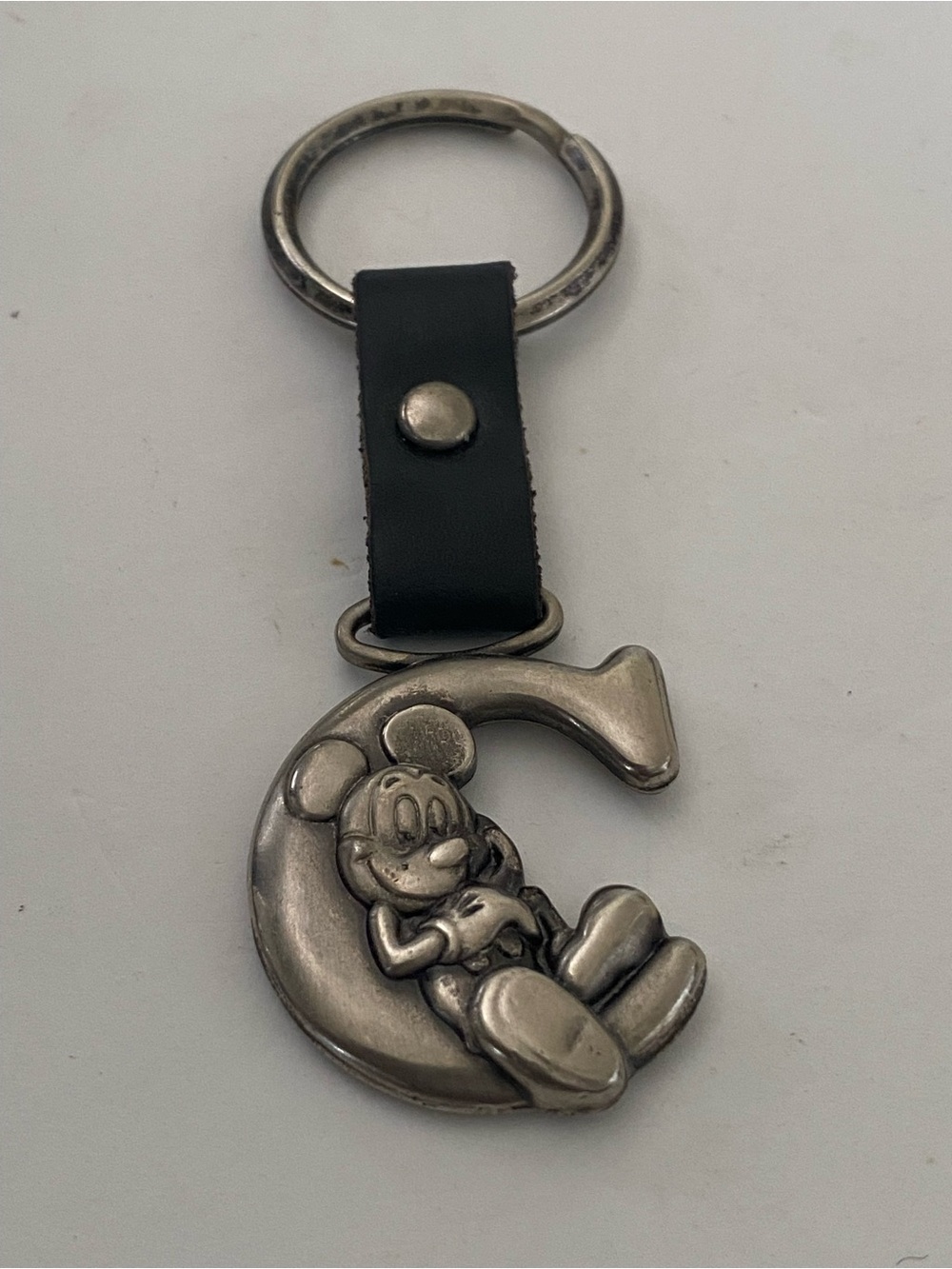 Vintage Disney Mickey Mouse Initial Letter C Black Leather Pewter Keychain